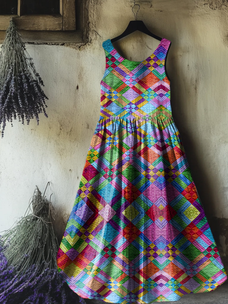 Women's Colorful Diamond Pattern Art Print Round Neck Sleeveless Cotto