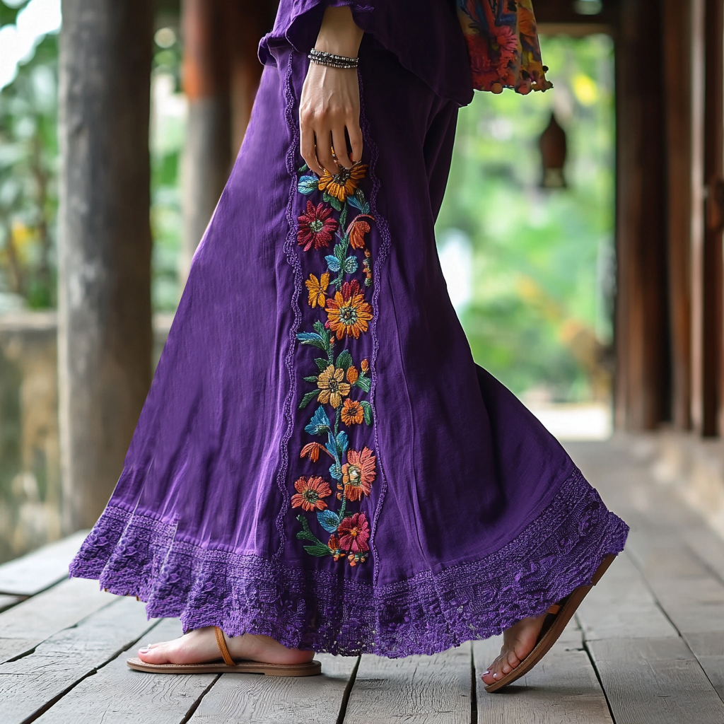 Vintage Lace Flower Embroidery Art Art Linen Blend Skirt artswardrobe