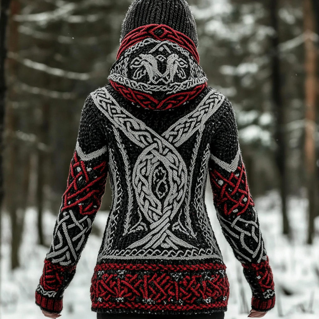 Women's Viking Style Knitted Jacquard Hooded Cardigan Sweater elevenforest