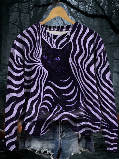 Women's Halloween Black Cat Stripes Print Casual Sweatshirt elevenforest