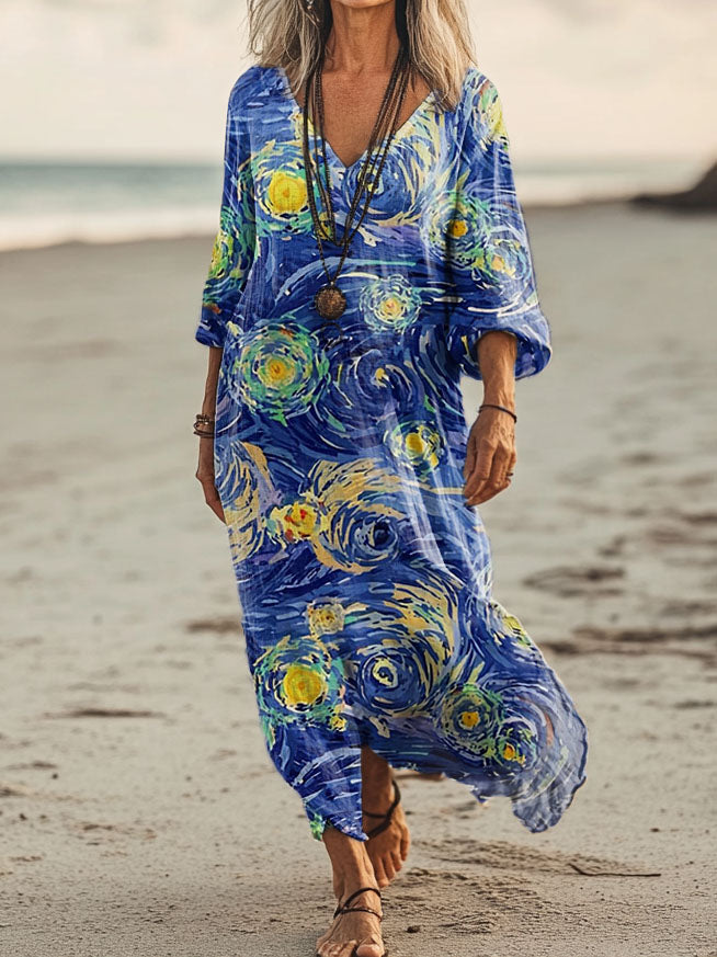 Women's Van Gogh Star Motif Art Print Pocket Cotton Dress