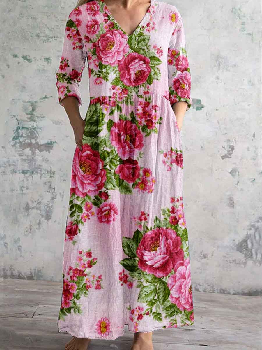 Women's V Neck Rose Floral Cotton and Linen Dress with Pockets