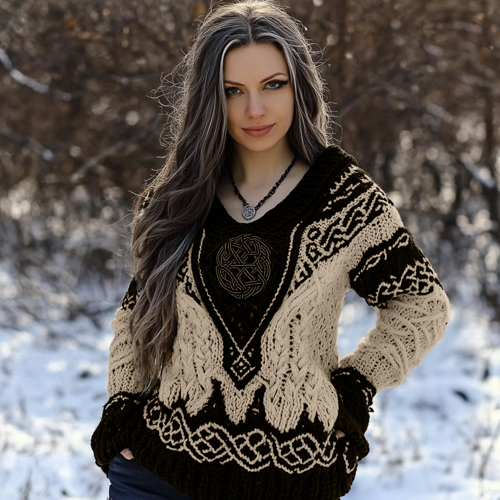 Women's Viking Rune Knit Jacquard V-neck Sweater elevenforest