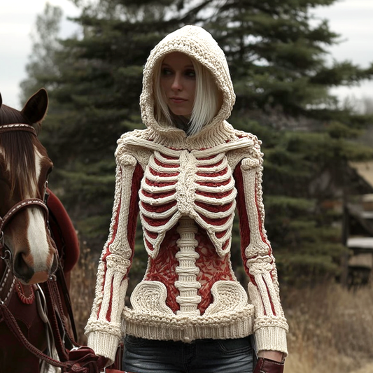 Halloween Line Art Human Anatomy Design Women's Hooded Knit Sweater artswardrobe