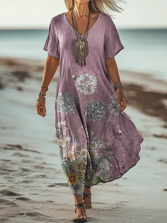 Women's Vintage Floral Art Print Pocket Cotton Dress