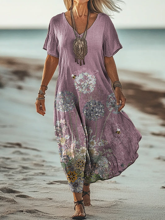 Women's Vintage Floral Art Print Pocket Cotton Dress