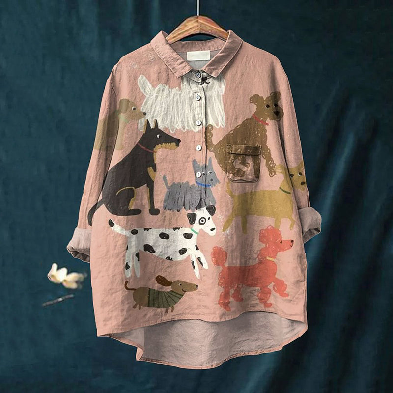 Comstylish Dog Art Print Lapel Long Sleeve Casual Shirt