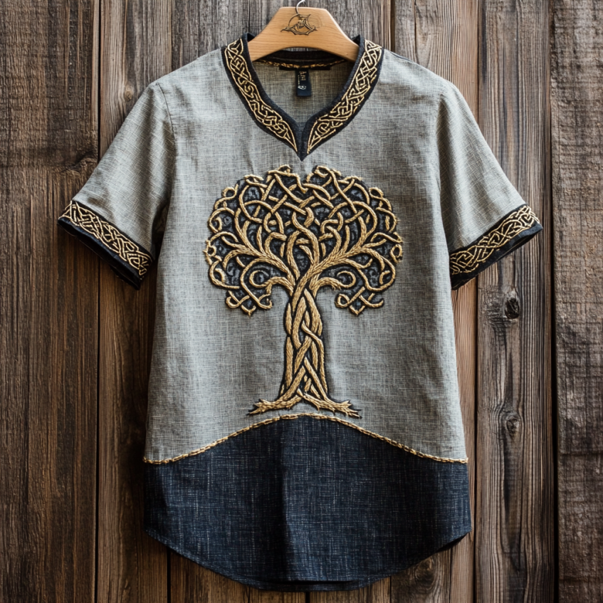 Men's Viking Tribal Tree Of Life With Celtic Knotwork Embroidered Linen Round Neck T-shirt artswardrobe