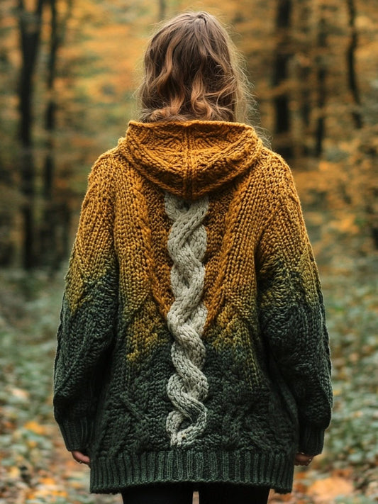 Vintage Irish Celtic Jacquard Gradient Chunky Hooded Cardigan artswardrobe