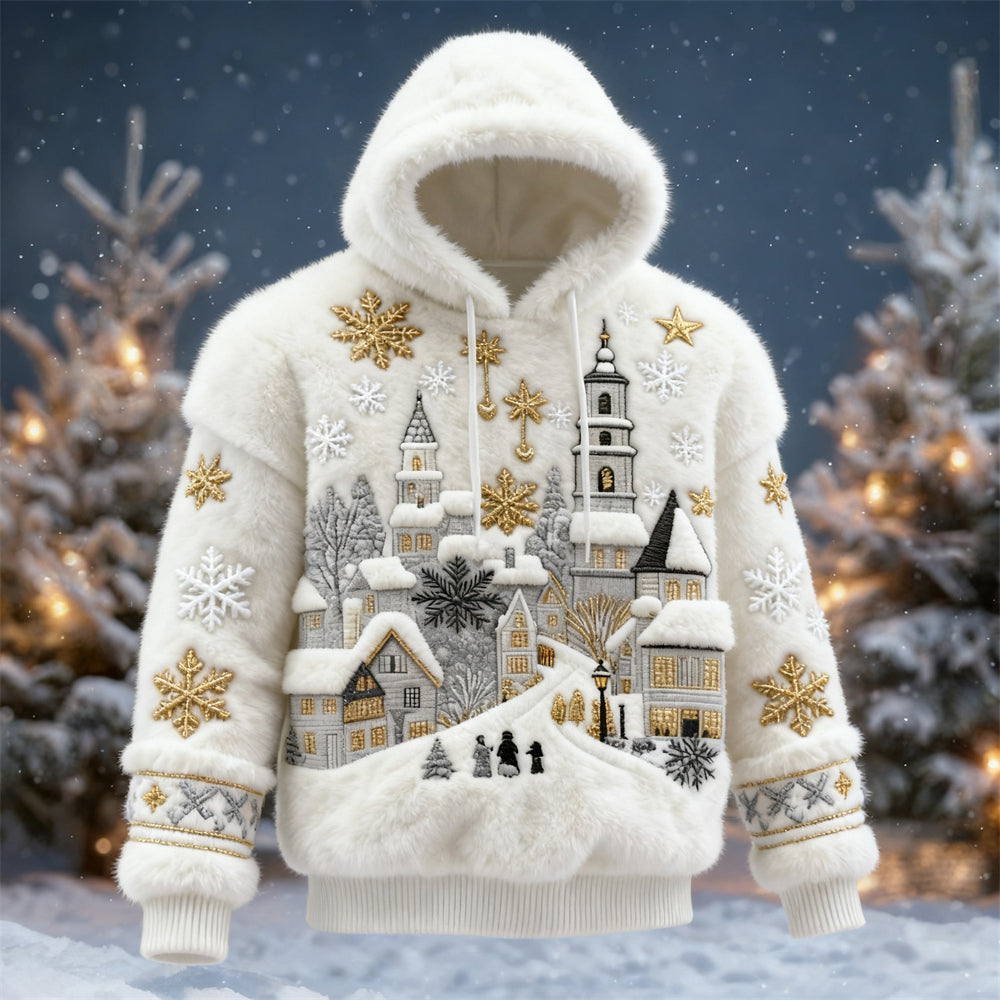 Christmas Snow Scene Embroidered Men's Cozy Plush Hooded Sweater
