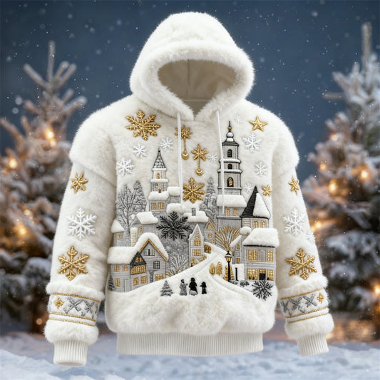 Christmas Snow Scene Embroidered Men's Cozy Plush Hooded Sweater