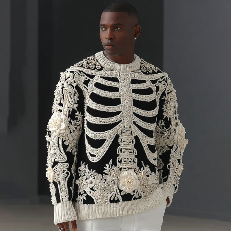 Men's Skull Flower Art Cozy Knit Pullover Sweater artswardrobe