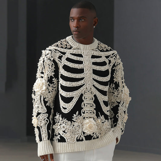 Men's Skull Flower Art Cozy Knit Pullover Sweater artswardrobe