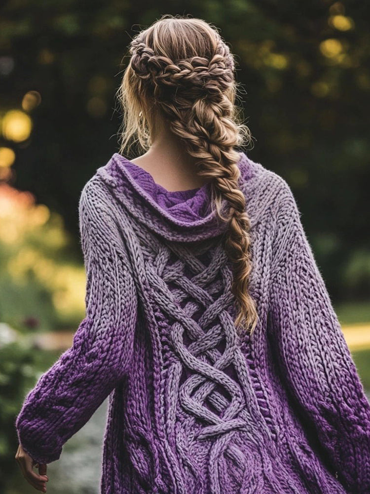 Women's Celtic Knot Gradient Color Chunky Knit Hooded Cardigan artswardrobe