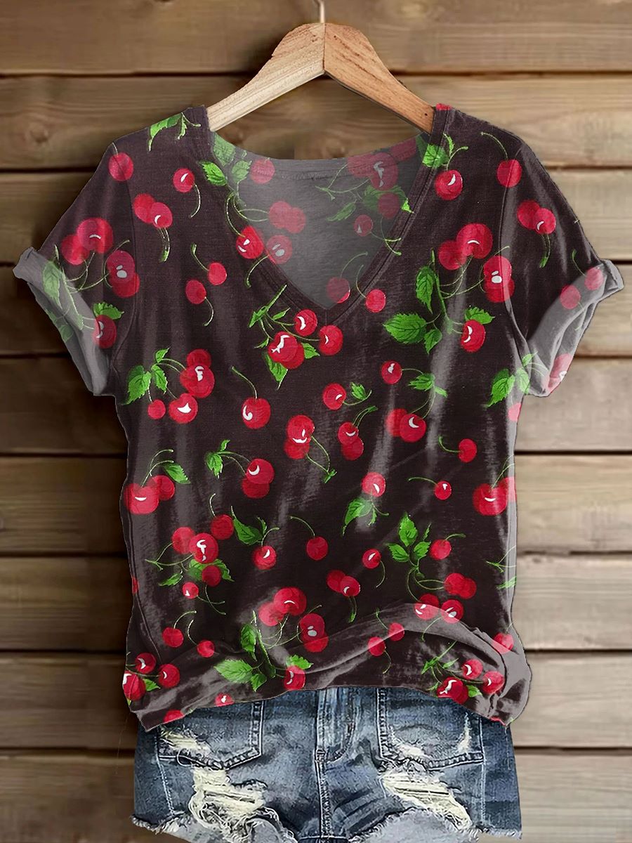 Women's Cherry Art Print V-Neck Casual T-Shirt