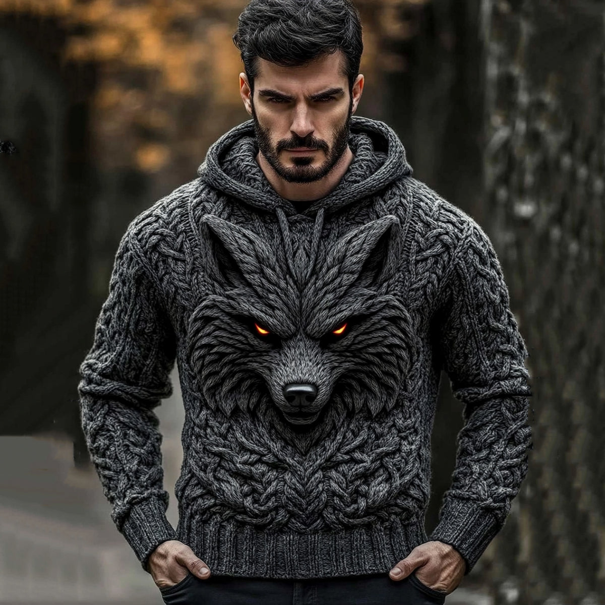 Men's Viking Tribal Wolf Jacquard Celtic Cozy Hooded Sweater artswardrobe
