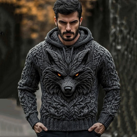 Men's Viking Tribal Wolf Jacquard Celtic Cozy Hooded Sweater artswardrobe