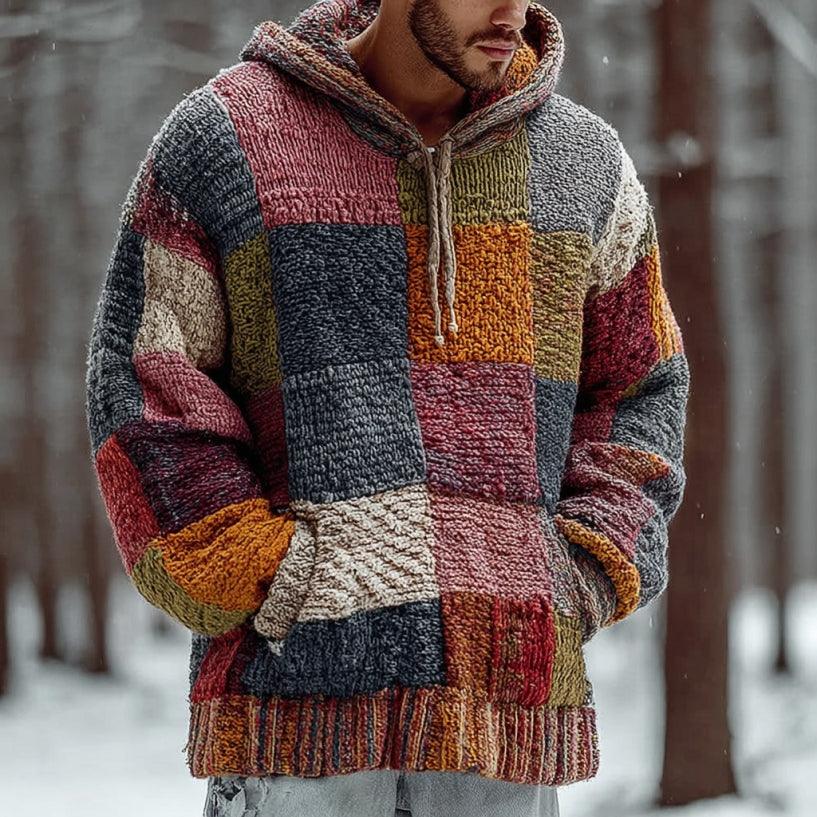 Men's Vintage Geometric Block Knit Knitted Warm Hooded Sweater elevenforest
