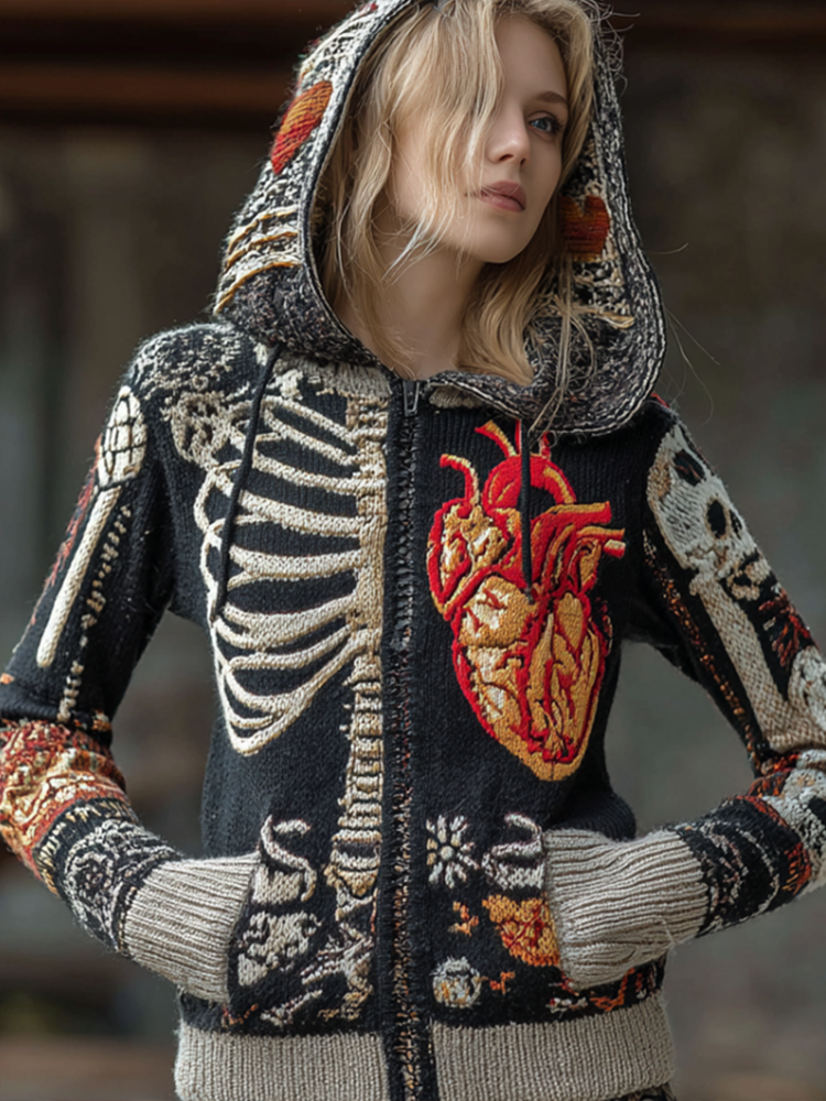 Halloween Skeleton Pattern Women's Knit Hooded Sweater Jacket artswardrobe