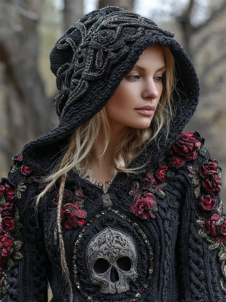 Vintage Red Roses Skull Beaded Celtic Hooded Cozy Knit Sweater artswardrobe