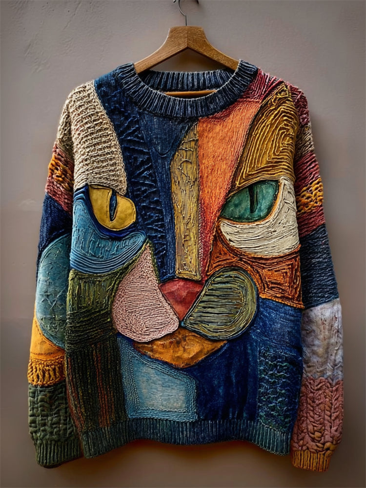 Comstylish Vintage Cat Face Colorblock Patchwork Cozy Knit Sweater