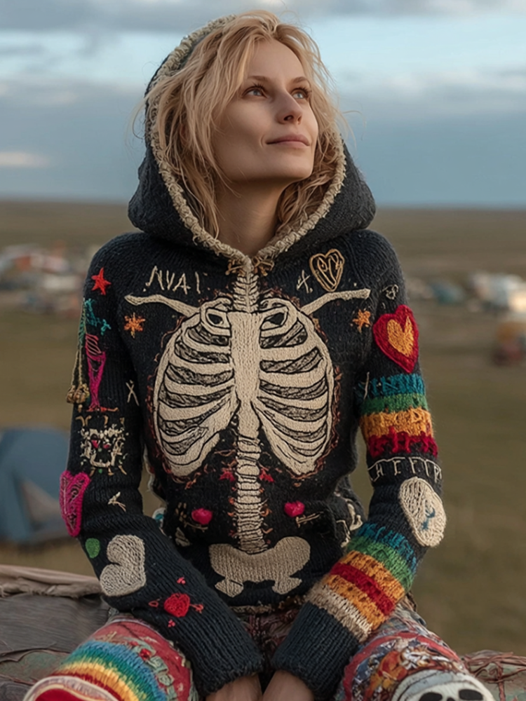 Halloween Skeleton Pattern Women's Knit Hooded Sweater artswardrobe