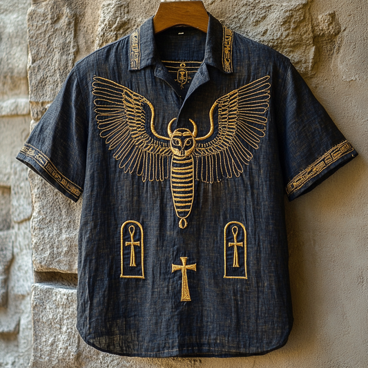 Egyptian Stone Winged Scarab Embroidered Men's Linen Polo Shirt artswardrobe