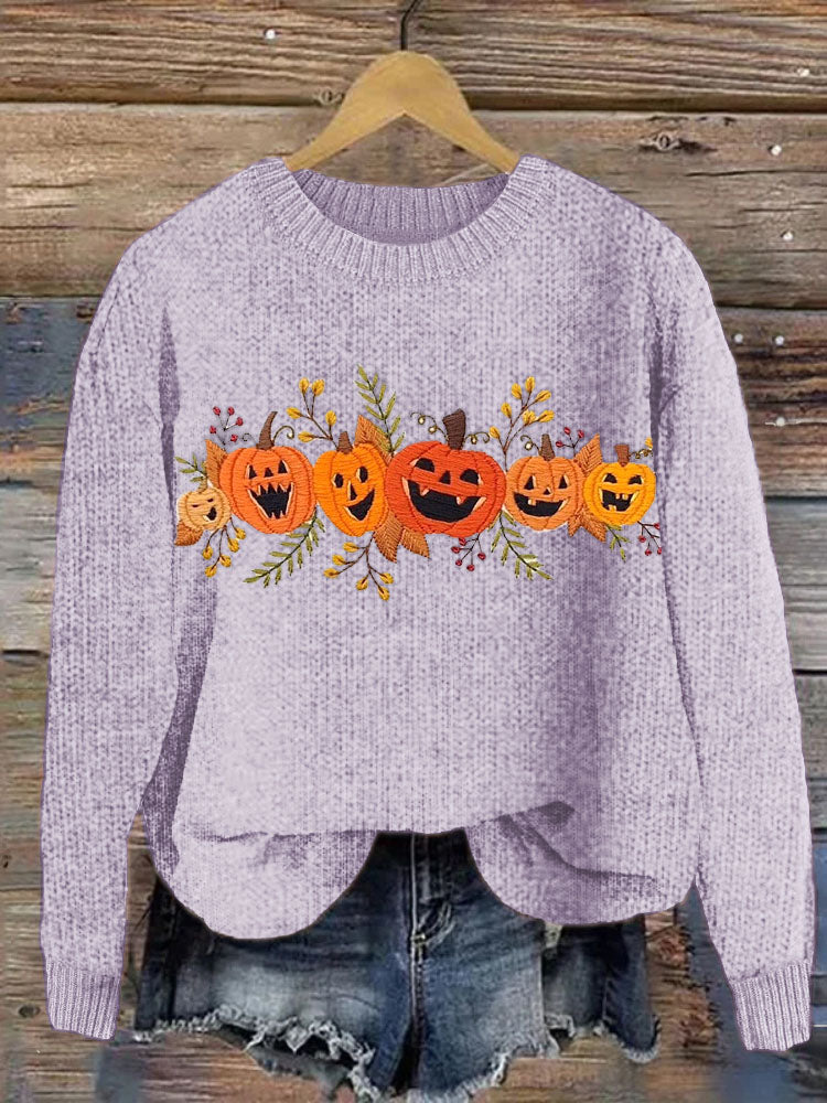Halloween Pumpkin Embroidery Pattern Knit Sweater artswardrobe