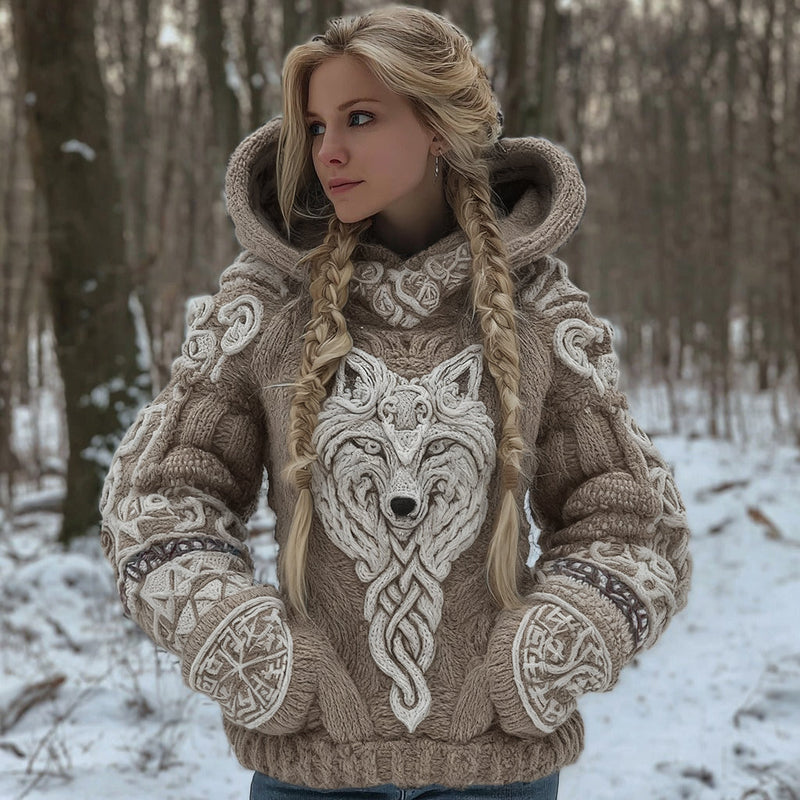 Cardigan con cappuccio in misto cotone con motivo di lupo celtico