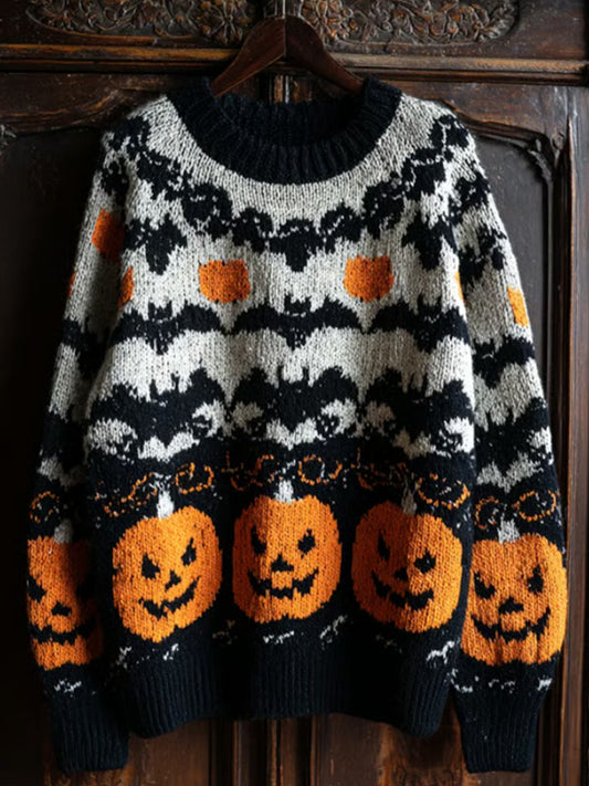 Women's Halloween Spooky Face Contrast Stitched Cozy Knit Sweater artswardrobe