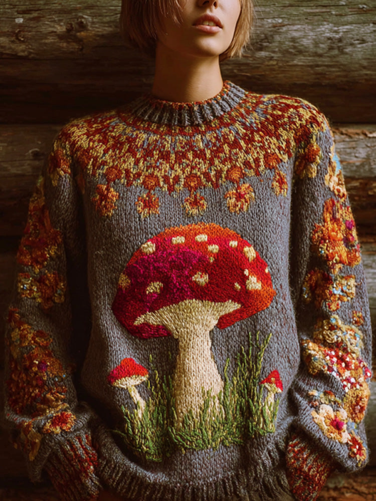 Women's Retro Mushroom Print Crew Neck Sweater artswardrobe