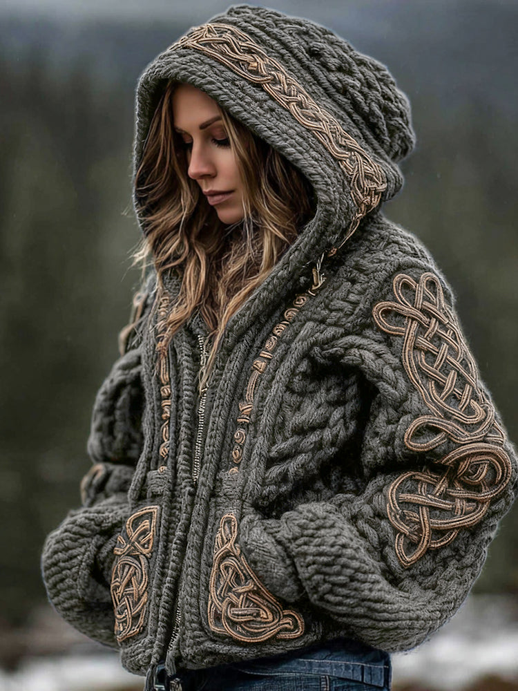 Women's Viking Celtic Knot Cozy Warm Knit Full Zip Hooded Sweater artswardrobe
