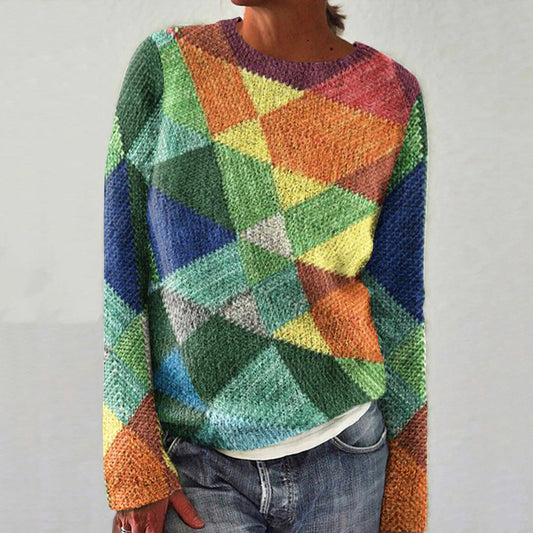 Casual Patchwork Geometric Contrast Print Sweater elevenforest