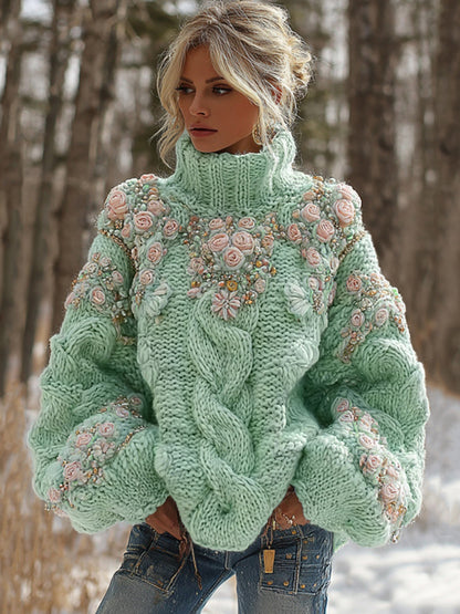 Women's Vintage Embroidery Rose Art Knit Cozy High Neck Sweater elevenforest
