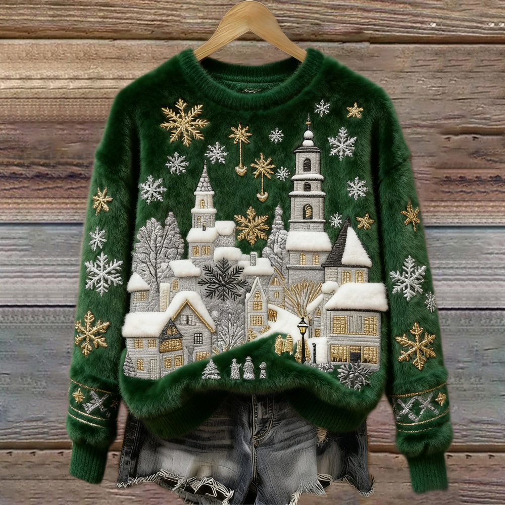 Comstylish Christmas Snow Scene Embroidery Women's Cozy Plush Sweater