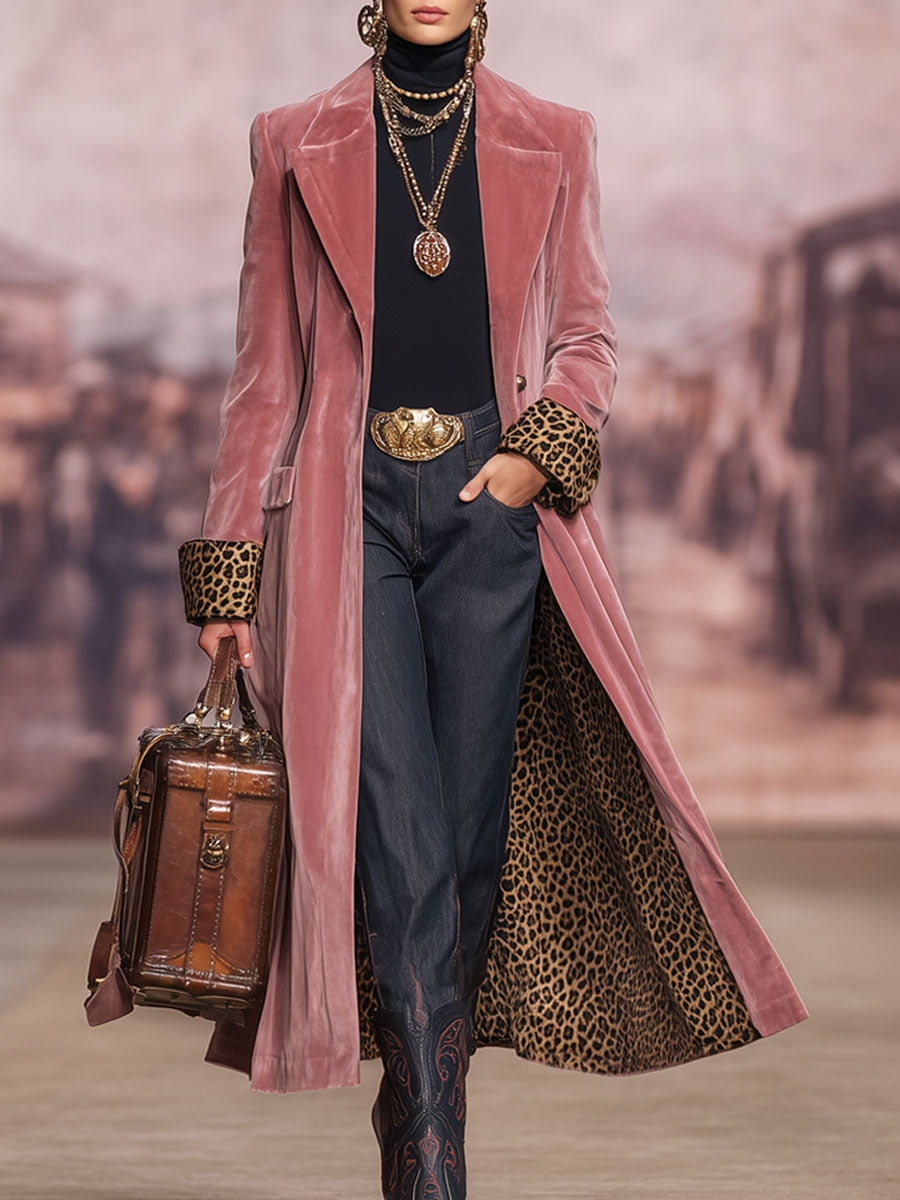 Lapel Single-breasted Velvet And Leopard Print Coat
