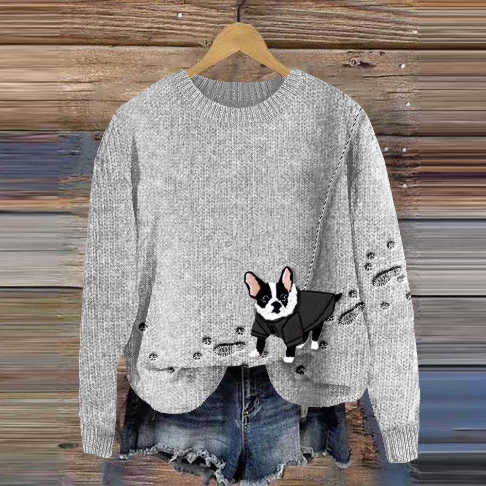 Comstylish Walking Boston Terrier In The Snow Dog And Paw Embroidery Art Cozy Sweater