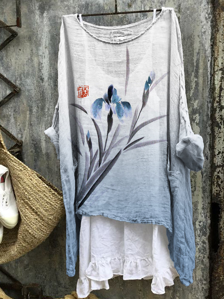 Comstylish Classy Orchid Gradient Japanese Art Linen Blend Tunic