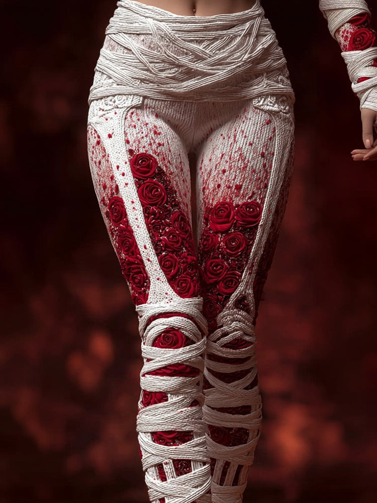 Vintage Skeleton Anatomy Bloody Roses Bandages Knit Leggings artswardrobe