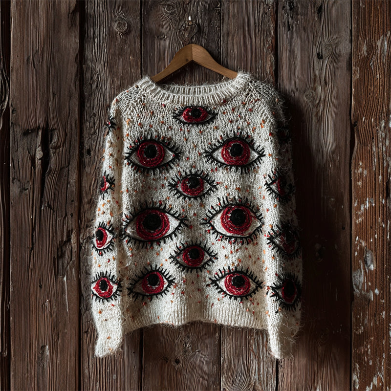 Halloween Bloodyl Eye Embroidered Cozy Knit Sweater artswardrobe