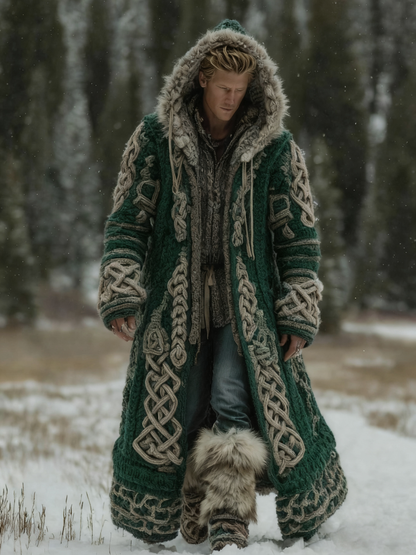 Men's Viking Celtic Knot Art Pocket Mid-length Fur Collar Chunky Knit Cardigan Sweater artswardrobe