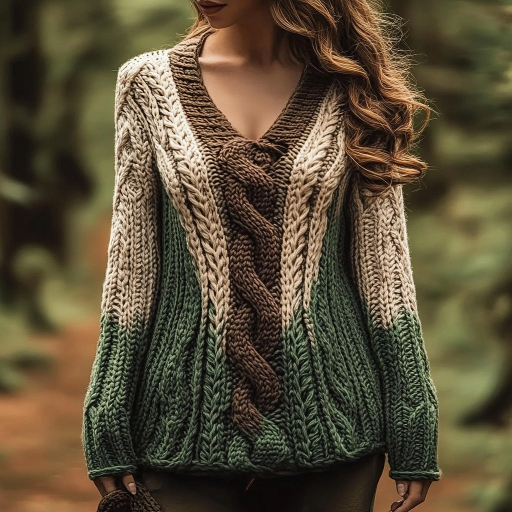 Women's Celtic Knotted Contrast Gradient V-neck Sweater artswardrobe