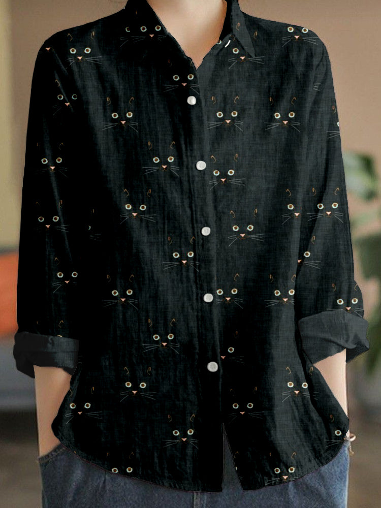 Comstylish Cute Cat Face Pattern Linen Blend Cozy Blouse