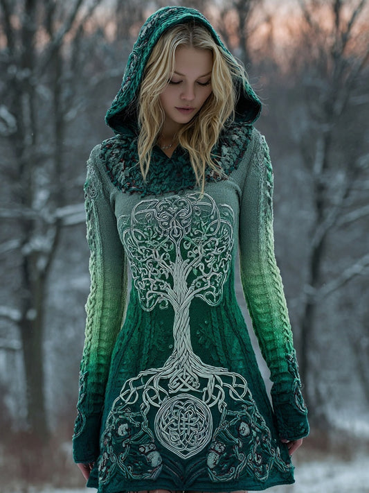 Vintage Viking Tree Of Life Gradient Knit Sweater Dress artswardrobe