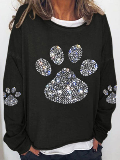 Comstylish Women's Dog Paw Rhinestone Print Sweatshirt