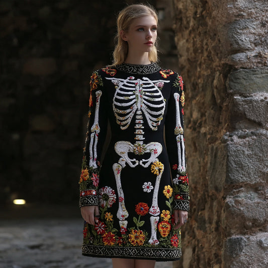 Women's Vintage Halloween Skeleton Bones  Flower Comfortable Elegant Sweater Dress artswardrobe