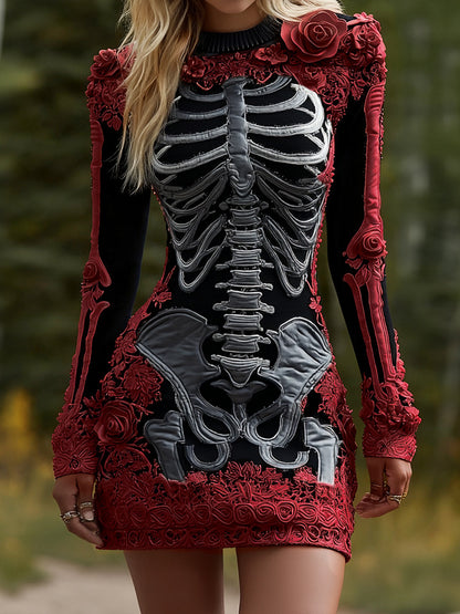 Women's Halloween Skeleton Bones Leather With Rose Pattern Art Hot Sexy Style Cozy Knit Mini Sweater Dress artswardrobe