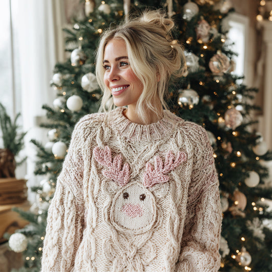 Christmas Cute Moose Face Knit Art Women's Crew Neck Sweater 2 artswardrobe