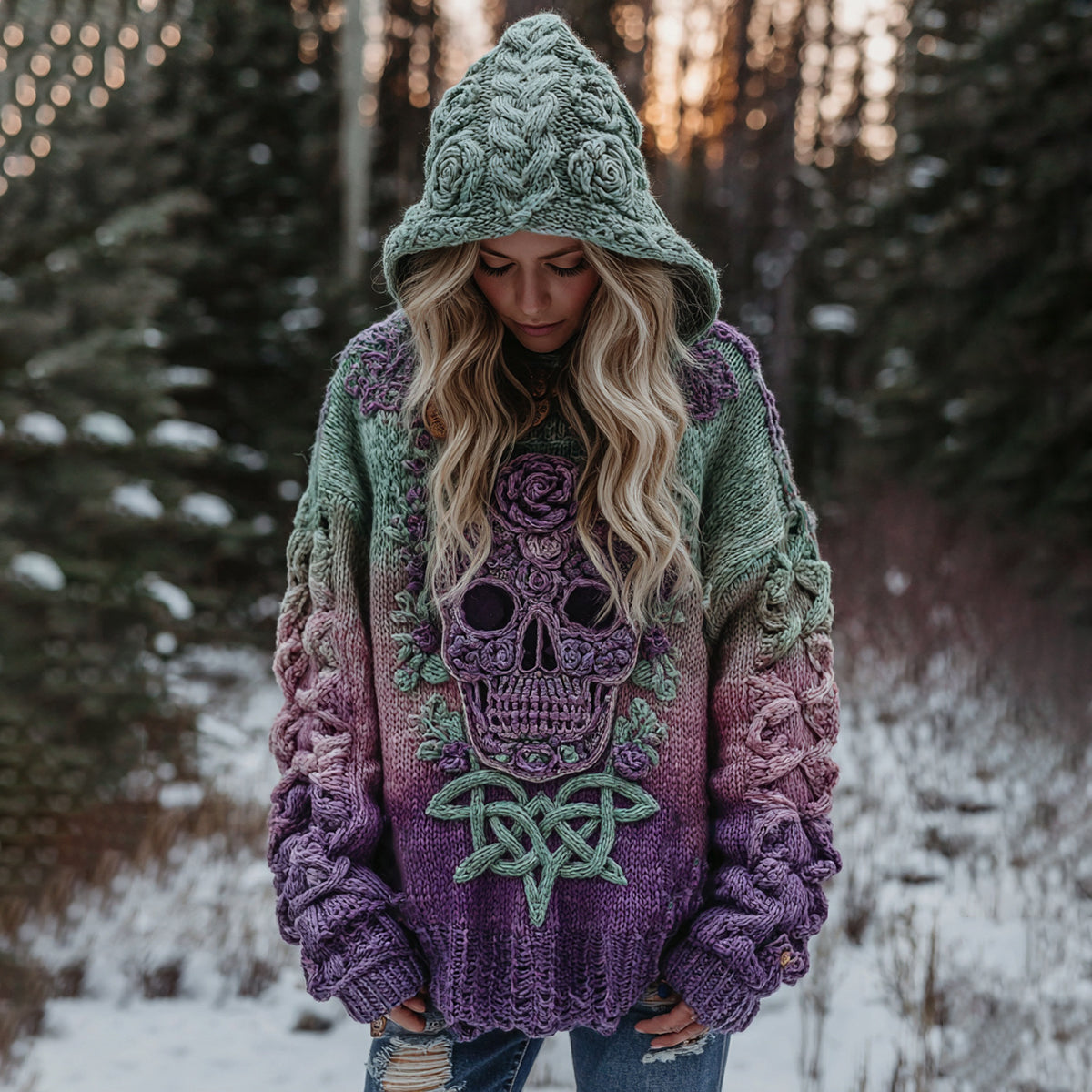 Women's Viking Tribal Jacquard Celtic With Rose And Skull Inspired Chunky Knit Hooded Sweater artswardrobe