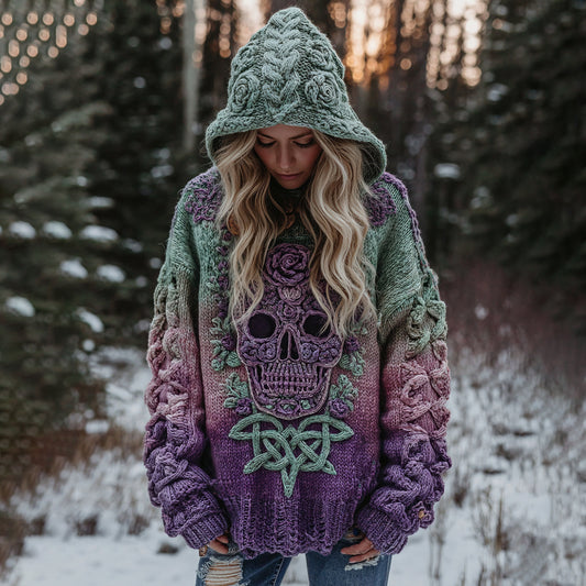 Women's Viking Tribal Jacquard Celtic With Rose And Skull Inspired Chunky Knit Hooded Sweater elevenforest